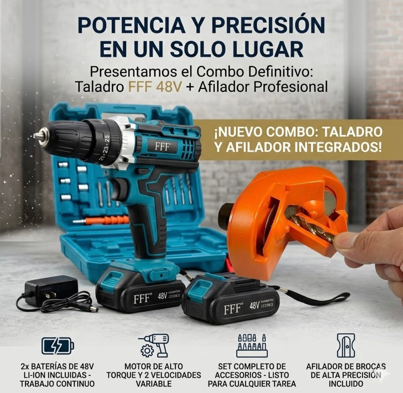 Taladro Inalámbrico 48V Profesional con 2 Baterías y Set de Accesorios